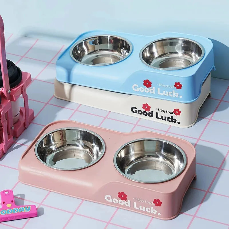 Stainless double elevated pet feeding bowl