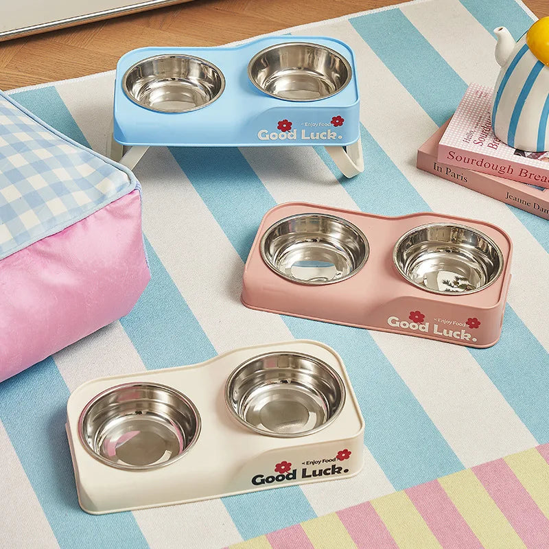 Stainless double elevated pet feeding bowl